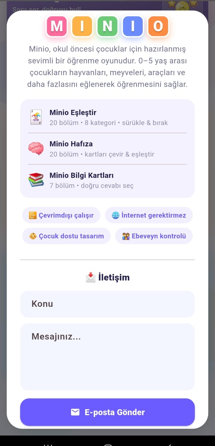 MINIO hakkında ve iletişim ekranı
