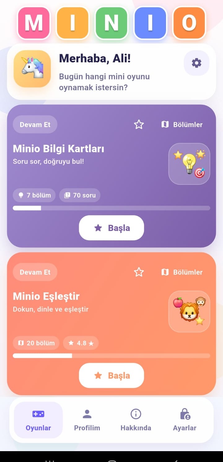 MINIO oyunlar ana ekranı